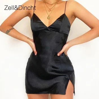 Zell&Dincht Satino Spageti Dirželis Mini Suknelė be Rankovių Vasaros Moterų Suknelė nuo Peties Backless Beach Sexy Suknelė Moterims