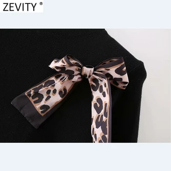 Zevity Naujas 2021 Moterų Mados Leopard Lankas Apdailos Ilgomis Rankovėmis Mezgimo Megztinis Moteriška Elegancija Kietas Puloveriai Viršūnes S645