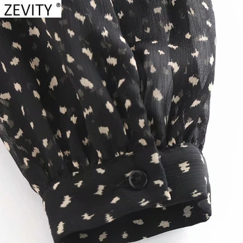 Zevity Naujas Moterų Stovėti Apykaklės Perspektyvos Spausdinti Trumpi Marškinėliai Elegantiškas Ponios Šifono Palaidinės Roupas Femininas Chemise Viršūnes LS7363