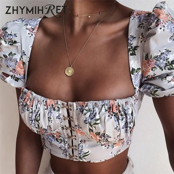 ZHYMIHRET Gėlių Spausdinti Marškinėliai Moterims Aikštėje Apykaklės Sluoksniuotos Rankovėmis Apkarpyti Viršūnes Camisetas Verano Mujer 2019 Streetwear Tee Marškinėliai Femme