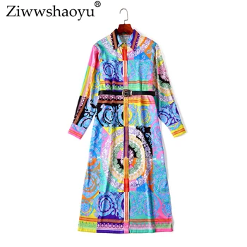 Ziwwshaoyu 5XL Elegantiškas Spausdinti Megztinis suknelė Vintage Varčias Turn-žemyn Apykaklės Tiesios suknelės 2019 m. pavasario ir vasaros naujų moterims