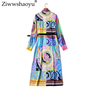 Ziwwshaoyu 5XL Elegantiškas Spausdinti Megztinis suknelė Vintage Varčias Turn-žemyn Apykaklės Tiesios suknelės 2019 m. pavasario ir vasaros naujų moterims
