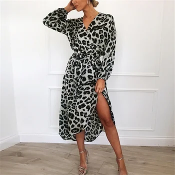 ZOGAA Leopard Suknelė 2021 Moterų Šifono Long Beach Suknelė Prarasti ilgomis Rankovėmis Giliai V-kaklo-line Seksualus Šalis Suknelė Vestidos De Fiesta