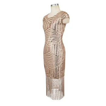 Šampanas 1920 Gatsby Šalis Suknelė Vintage Moterų Geometrinis Bžūp Rankovėmis Plungės Iškirpti V Atgal China Pakraštyje Suknelė Midi Vestido