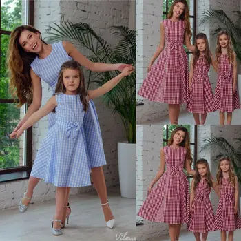 Šeimos Motina Ir Dukra Atitikimo Suknelė Be Rankovių Vasaros Pledas Bowknot Suknelės Sundress Komplektus Drabužių