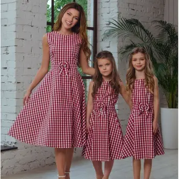 Šeimos Motina Ir Dukra Atitikimo Suknelė Be Rankovių Vasaros Pledas Bowknot Suknelės Sundress Komplektus Drabužių