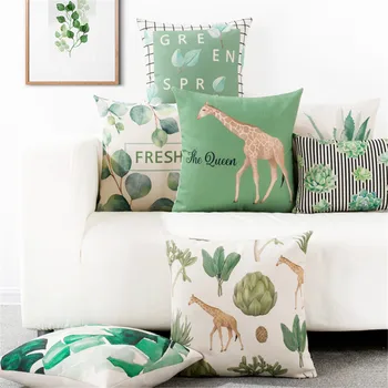 Šiaurės stiliaus Gyvūnų Žirafa Žaliųjų Augalų ir Gėlių Spausdinti Kvadrato Formos Pagalvėlė Padengti Sofa Namų Juosmens Pagalvės užvalkalą Užvalkalas
