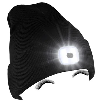 Šviesos Megzti Skrybėlę 4 LED Šviesos Skrybėlę Lempos Cokolis, Lauko Kempingas Apšvietimo Žibintas Šiltas Vilnos Alpinizmo Naktį Žvejybos Juoda