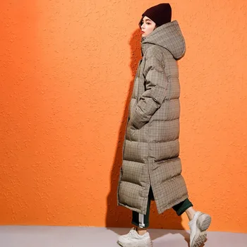 Žiemos žemyn šalikas stiliaus ilgai pledas storesnis ančių pūkų paltai moterų gobtuvu dsingle krūtinėmis su užtrauktuku purus šiltas žemyn kailio wq216